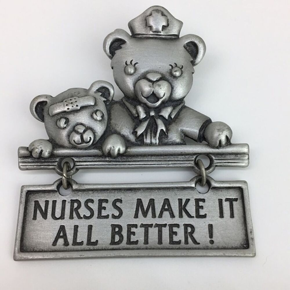 Vtg. J.J. Brooch Pin Nurses Teddy Bear Articulated Kitchy Cute Nurse Gift